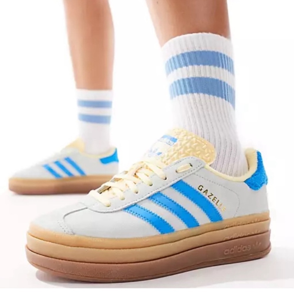 adidas Gazelle Platform Sneakers White and Blue with Gum Sole